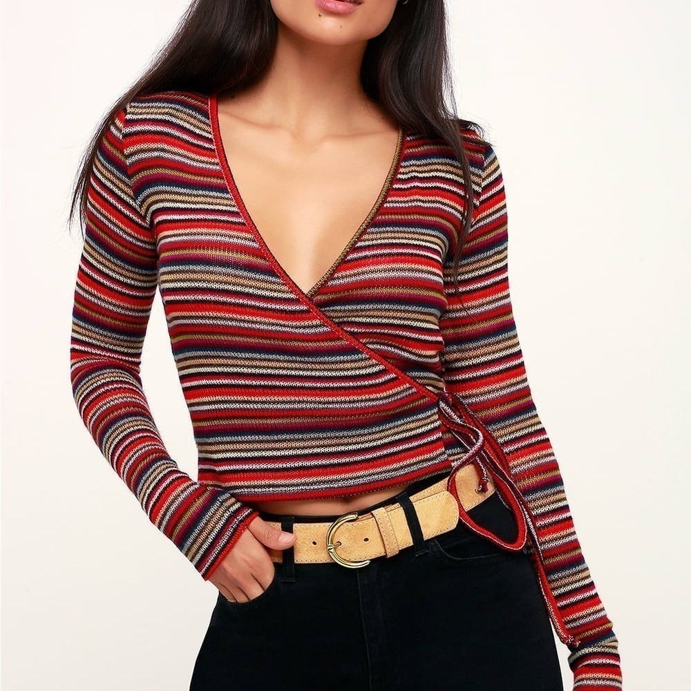 LULU’S Only Love Red Multi Striped Wrap Sweater Top